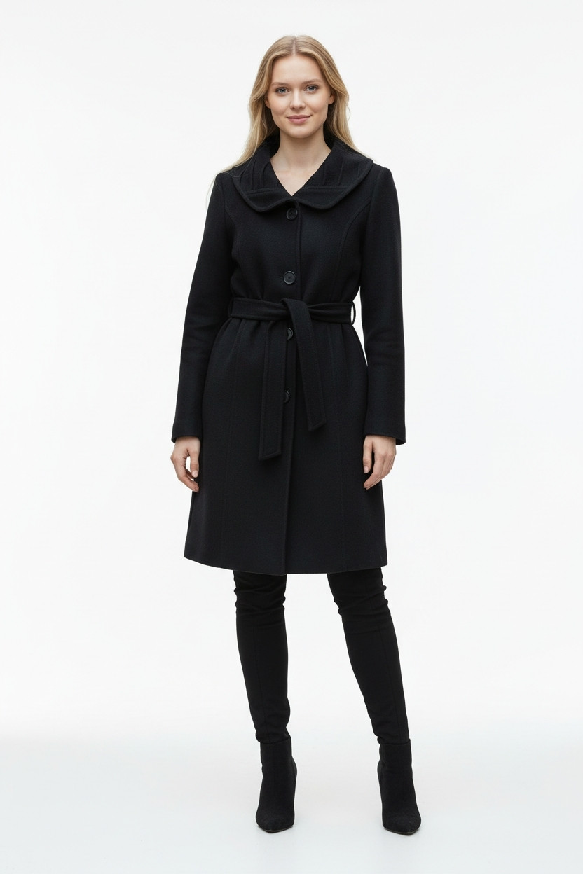 Elegant black belted wool blend women’s coat