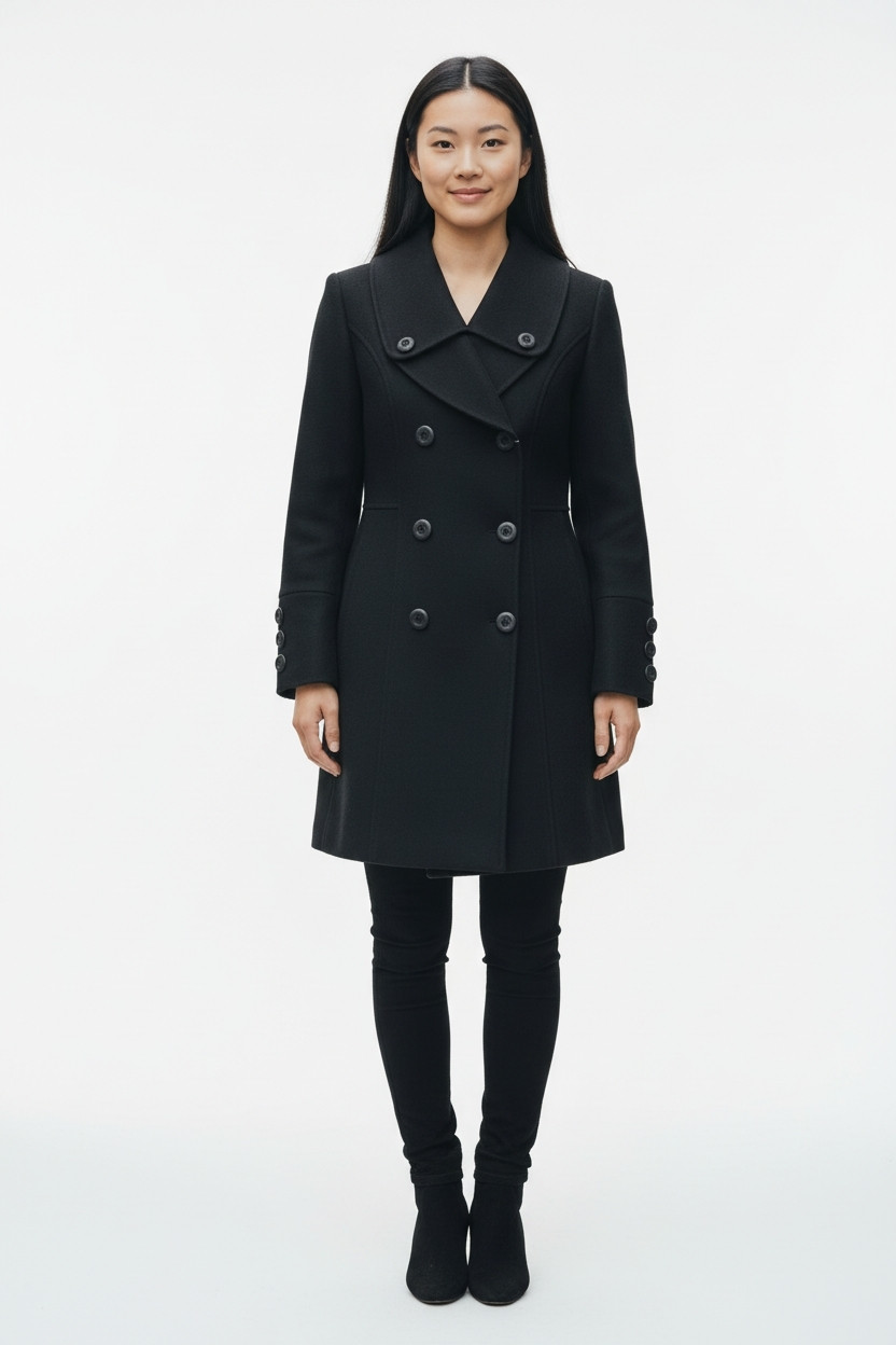 Classic black wool blend double-breasted women’s coat