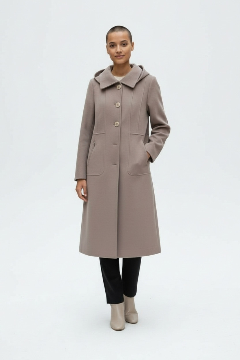 Taupe hooded wool blend long women’s coat